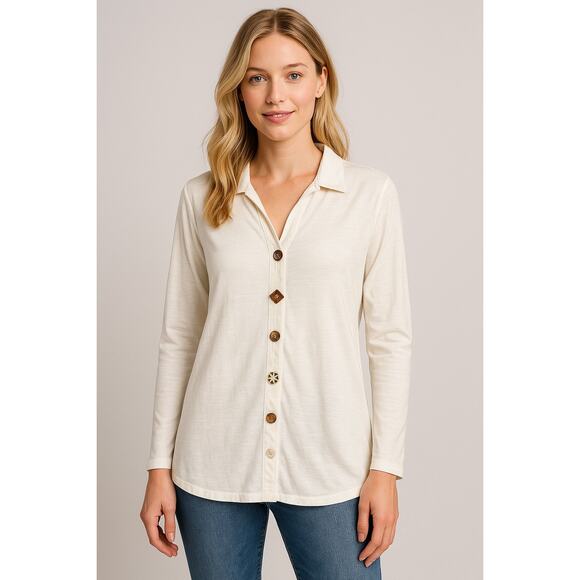 Soft Surroundings Artisan Mixed Button White Long Sleeve Slub Knit Top Women L - Picture 1 of 8